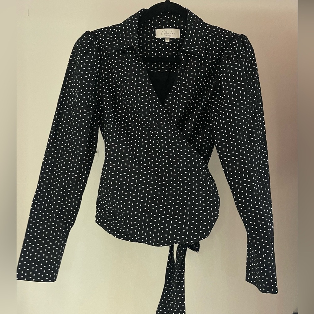 Black and white polka dot L'Academie blouse with tie front , puff sleeve , small